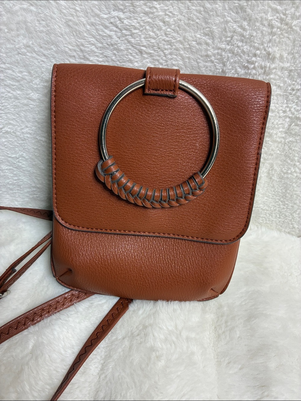 Women's Brown Leather Crossbody Bag with Decorative Ring
